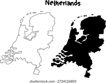 Mapa de Vector de los Países Bajos que muestra el contorno y la versión de silueta sólida lado a lado. Ilustración de país geográfico en blanco y negro mínimo.