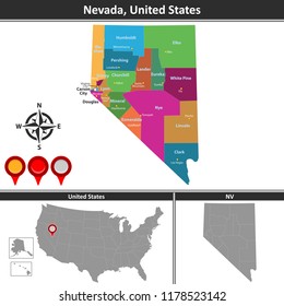 Vector map of Nevada with counties and location on US map