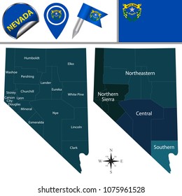 Vector map of Nevada with named regions and travel icons