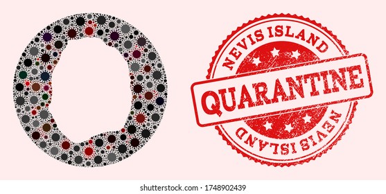 Vector map of Nevis Island collage of SARS virus and red grunge quarantine seal. Infection cells attack the quarantine territory from external zone.