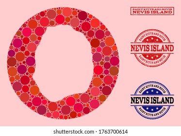 Mapa vectorial del mosaico de elementos circulares de la isla de Nevis y sello de caucho rojo. Mapa del círculo de la resta del collage de la isla de Nevis formado con círculos de varios tamaños y tintes de color rojo.