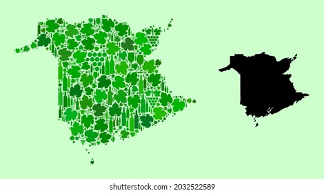 Vector Map of New Brunswick Province. Mosaic of green grape leaves, wine bottles. Map of New Brunswick Province mosaic designed from bottles, berries, green leaves.