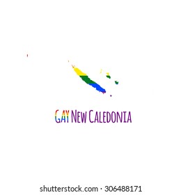 Vector map of New Caledonia in LGBT (lesbian, gay, bisexual, and transgender) flag colors and GAY New Caledonia caption on white background. Rainbow flag with denim textile texture.