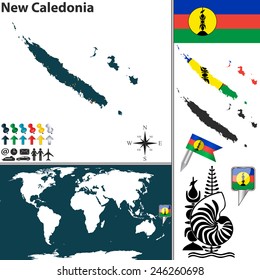 Vector of map of New Caledonia set with flags and icons