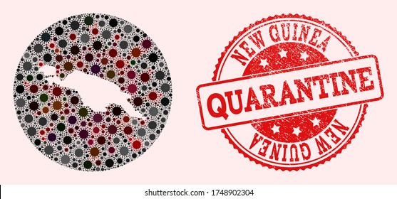 Vector map of New Guinea Island collage of covid-2019 virus and red grunge quarantine seal stamp. Infection cells around the lockdown territory from outside.