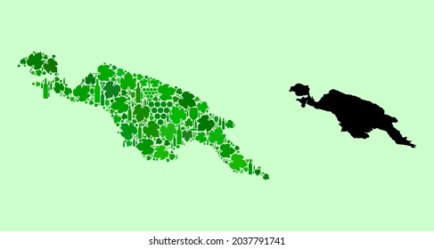 Vector Map of New Guinea Island. Composition of green grape leaves, wine bottles. Map of New Guinea Island mosaic designed from bottles, berries, green leaves.