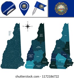 Vector map of New Hampshire with named regions and travel icons