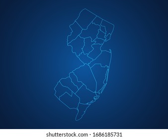 Vector map of New Jersey abstract blue line scales on dark background.