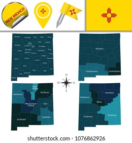 Vector map of New Mexico with named regions and travel icons