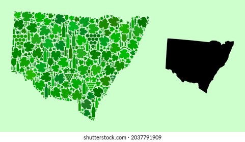 Vector Map of New South Wales. Combination of green grape leaves, wine bottles. Map of New South Wales mosaic designed with bottles, berries, green leaves.