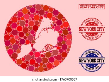 Vector map of New York City mosaic of circle spots and red rubber seal. Subtraction circle map of New York City collage composed with circles in different sizes, and red color hues.