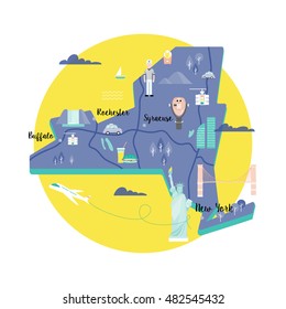 Vector map of New York in retro style with landmarks: the Statue of Liberty, Brooklyn bridge, yellow lights, telescope of Top the Rock. Colorful scene in the circle on white background.