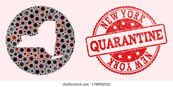 Vector map of New York State collage of SARS virus and red grunge quarantine seal stamp. Infection cells around the isolated territory from out space.
