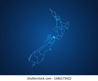 Vector map of New Zealand abstract blue line scales on dark background.