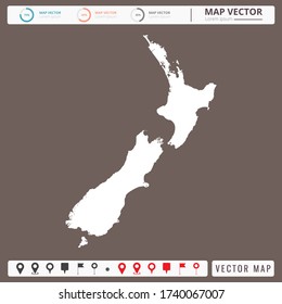 Vector map of New Zealand Brown background and pins icon.