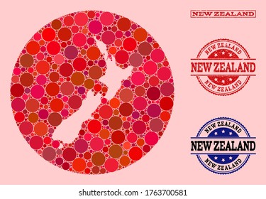Vector map of New Zealand collage of round elements and red scratched seal stamp. Hole circle map of New Zealand collage designed with circles in different sizes, and red shades.