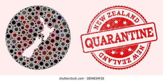 Vector map of New Zealand collage of SARS virus and red grunge quarantine seal stamp. Infection cells attack the isolated territory from out space.