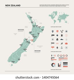 Vector map of  New Zealand. Country map with division, cities and capital Wellington. Political map,  world map, infographic elements.