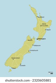 vector map of New Zealand with important cities and roads island geography cartography green blue