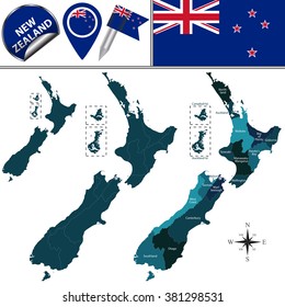 Vector map of New Zealand with named states and travel icons.