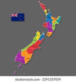 Vector map of New Zealand with names of cities and with borders city