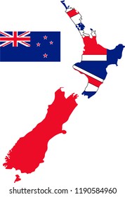 Vector map of New Zeland with flag. Isolated, white background
