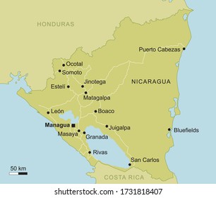 mapa vectorial de Nicaragua con importantes ciudades y carreteras cartografía geográfica del país