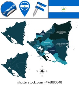 Vector map of Nicaragua with named departments and travel icons