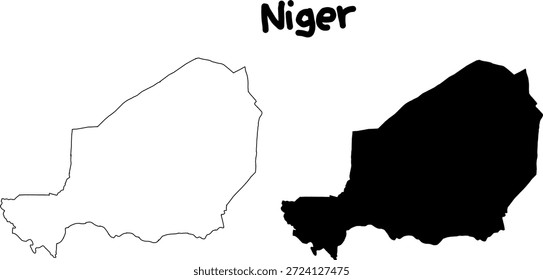 Mapa vetorial do Níger mostrando versões de contorno e silhueta sólida lado a lado. Ilustração mínima do país em preto e branco.