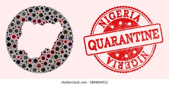 Vector map of Nigeria collage of flu virus and red grunge quarantine seal stamp. Infection cells around the quarantine territory from external zone.