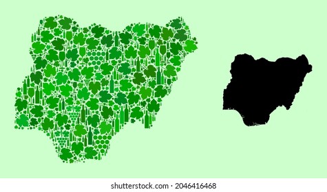 Vector Map of Nigeria. Collage of green grapes, wine bottles. Map of Nigeria collage composed from bottles, berries, green leaves. Abstract collage useful for wine production promotion.