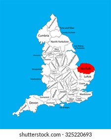 Vector map of Norfolk in East of England, United Kingdom with regions. England vector map. 