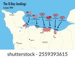 Vector Map of Normandy Showing WWII D-Day Landings, June 6, 1944