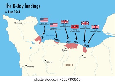 Vector Map of Normandy Showing WWII D-Day Landings, June 6, 1944