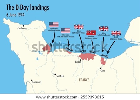 Vector Map of Normandy Showing WWII D-Day Landings, June 6, 1944