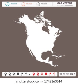 Vector map of North America Brown background and pins icon.