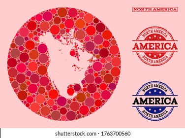 Mapa vectorial del collage de objetos esféricos y foco rayado rojo de América del Norte. Mapa circular esténcil del collage de Norteamérica formado con círculos de diferentes tamaños y tonos rojos.
