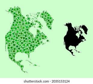 Vector Map of North America. Collage of green grapes, wine bottles. Map of North America collage designed from bottles, grapes, green leaves. Abstract collage designed for wine production promotion.