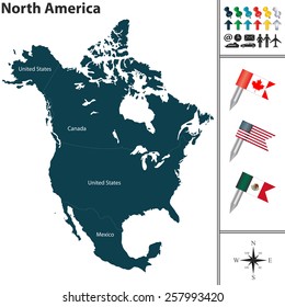 Vector map of North America with flags