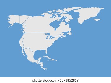 Vector map of North America and Greenland. Close up of North America on world map