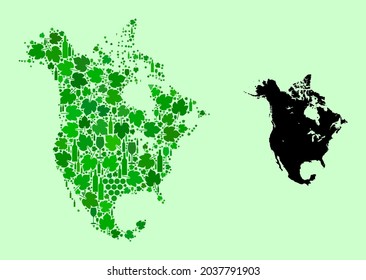 Vector Map of North America. Mosaic of green grape leaves, wine bottles. Map of North America mosaic designed with bottles, berries, green leaves.
