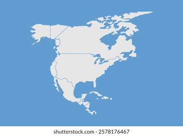 Vector map of North America on blue background. Close up of North America on world map