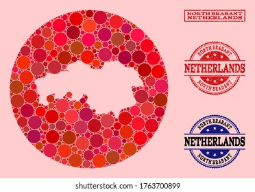 Vector map of North Brabant Province collage of circle dots and red watermark seal. Hole circle map of North Brabant Province collage created with circles in different sizes, and red color tones.