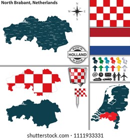 Vector map of North Brabant region and location on Dutch map