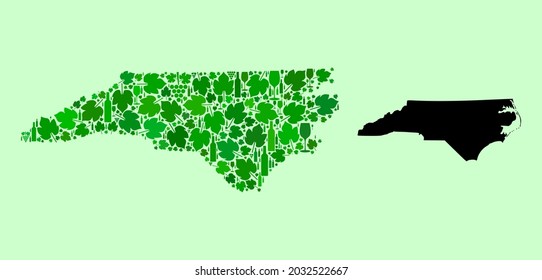 Mapa de vectores del estado de Carolina del Norte. Combinación de hojas de uva verde, botellas de vino. Mapa del mosaico del estado de Carolina del Norte diseñado a partir de botellas, bayas, hojas verdes.