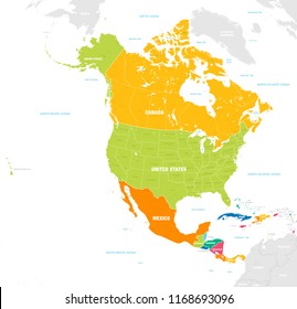 Vector map of North and Central America Continent with Countries, Capitals, Main Cities and Seas and islands names in strong brilliant colors.