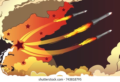 Vector map of North Korea with cities as red stars and missiles, nuclear war vector background.