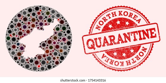 Vector map of North Korea collage of coronavirus and red grunge quarantine stamp. Infection cells around the quarantine territory from outside.