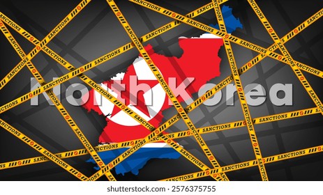 Vector map of North Korea in colors of national flag. Yellow prohibitory tapes with inscription sanctions. Political economic banner. Prohibition and crisis.