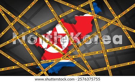 Vector map of North Korea in colors of national flag. Yellow prohibitory tapes with inscription sanctions. Political economic banner. Prohibition and crisis.